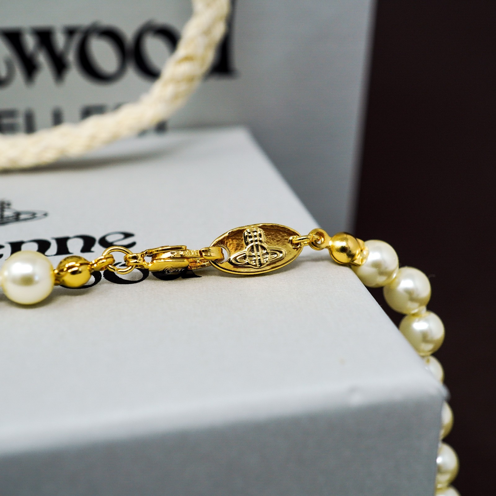 Vivienne Westwood Necklace Bas Relief Pearl & Gold Pendant With Crystals & Box