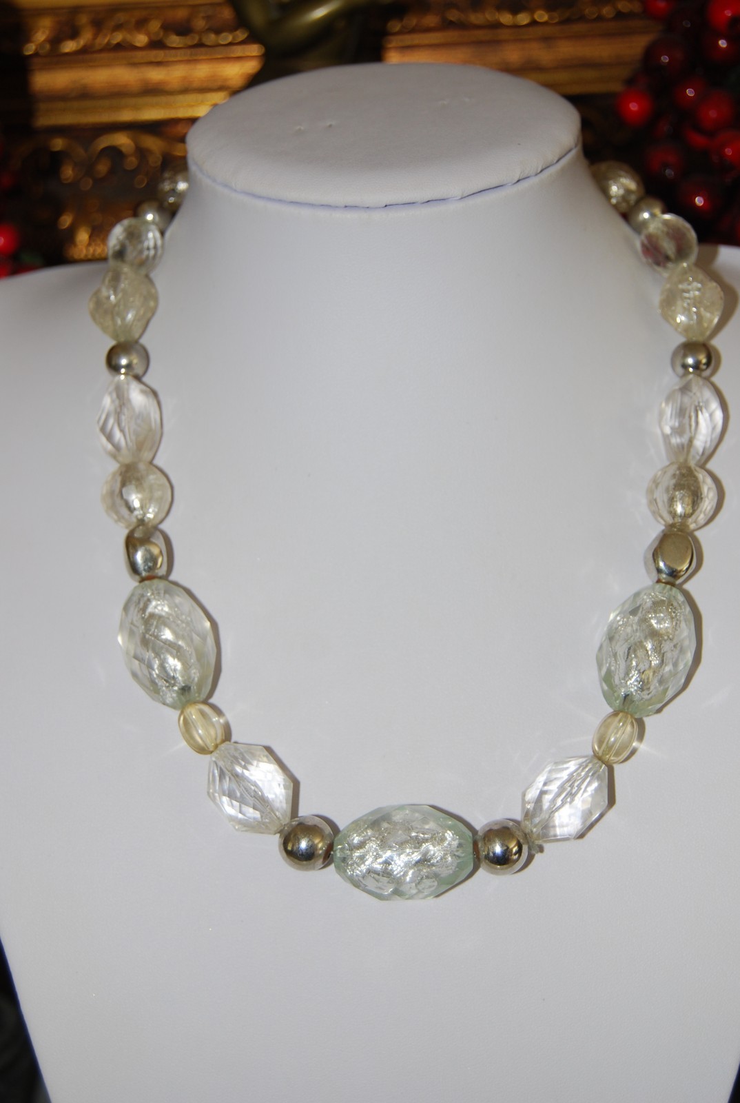 Wonderful NY Bold Couture Acrylic Silver & Clear Bead Statement Strand Necklace