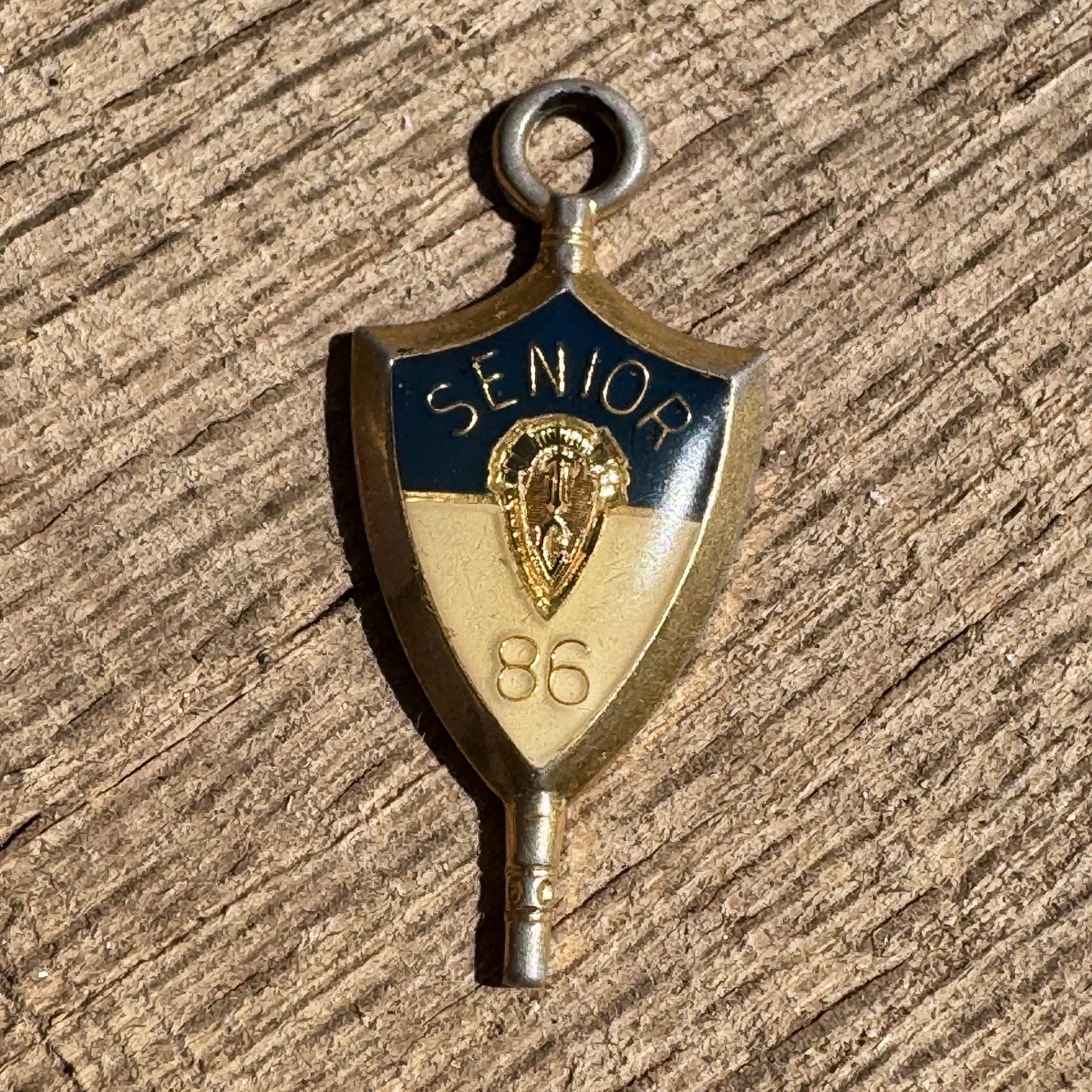 1986 Jostens Pendant Charm High School Senior Navy Blue Cream Gold tone