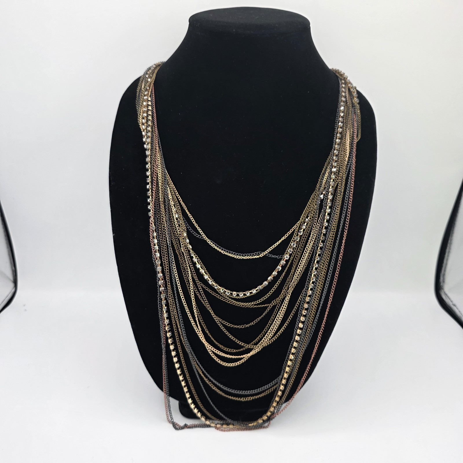 Womens Gold Tone Black Rhinestone Multi Layer Chain Statement Necklace 38 Inches