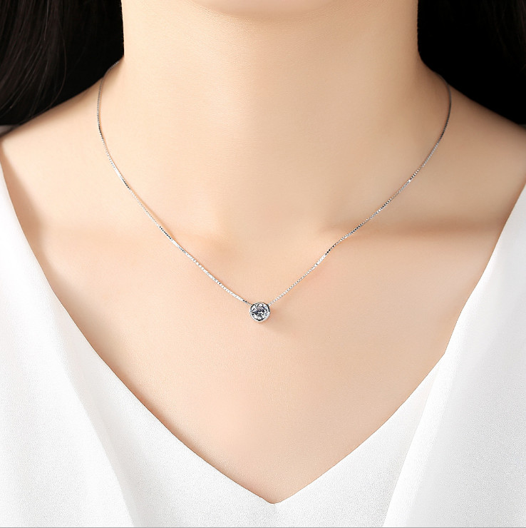 S925 Sterling Silver Dainty Bezel CZ Solitaire Pendant Necklace 16″ Chain PE56