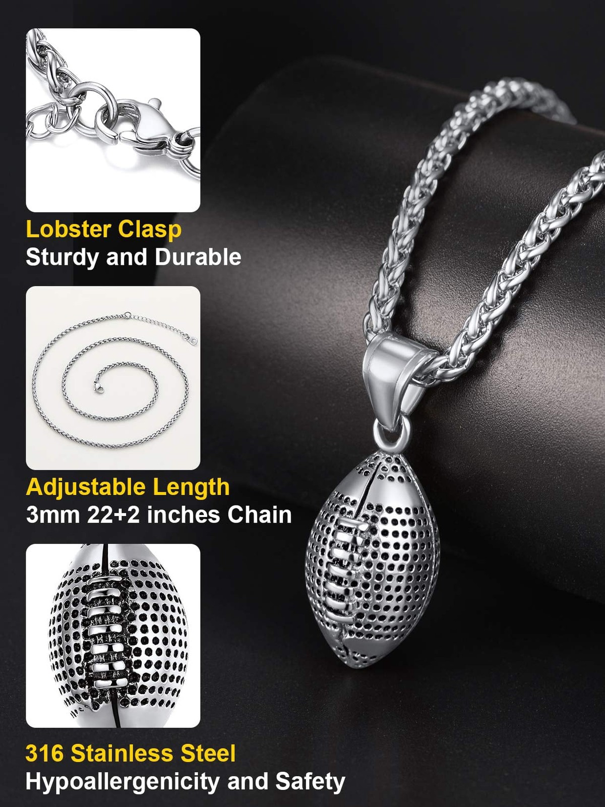 Men’s Football Ball Necklace 316L Stainless Steel Sport Pendant 22+2 Inch