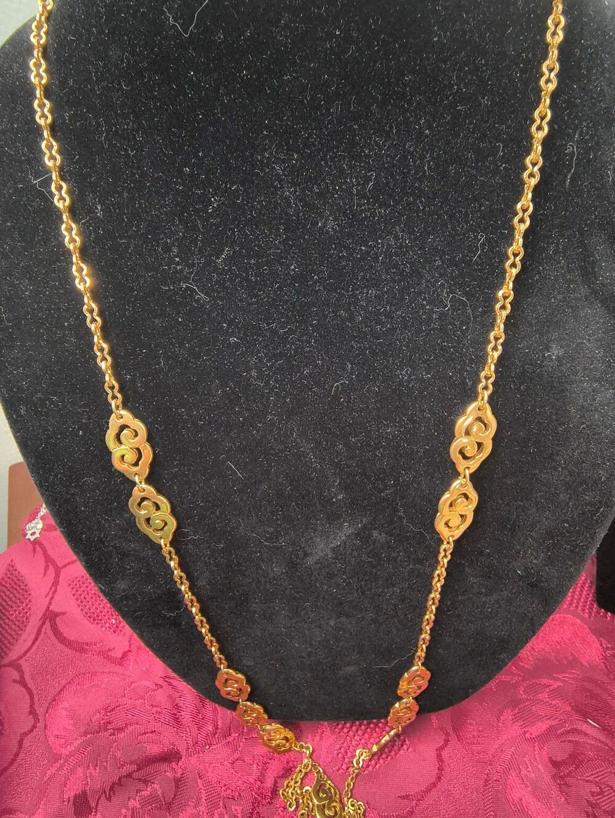 Vintage Crown Trifari Gold Tone Opera Length Necklace Heavy Scroll Link Chain