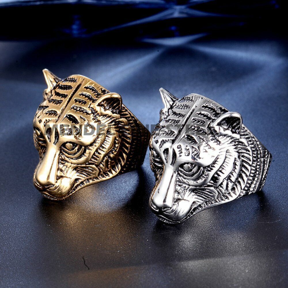 MENDEL Gold Plated Mens Animal Tiger Head Ring For Men Stainless Steel Size 7-14