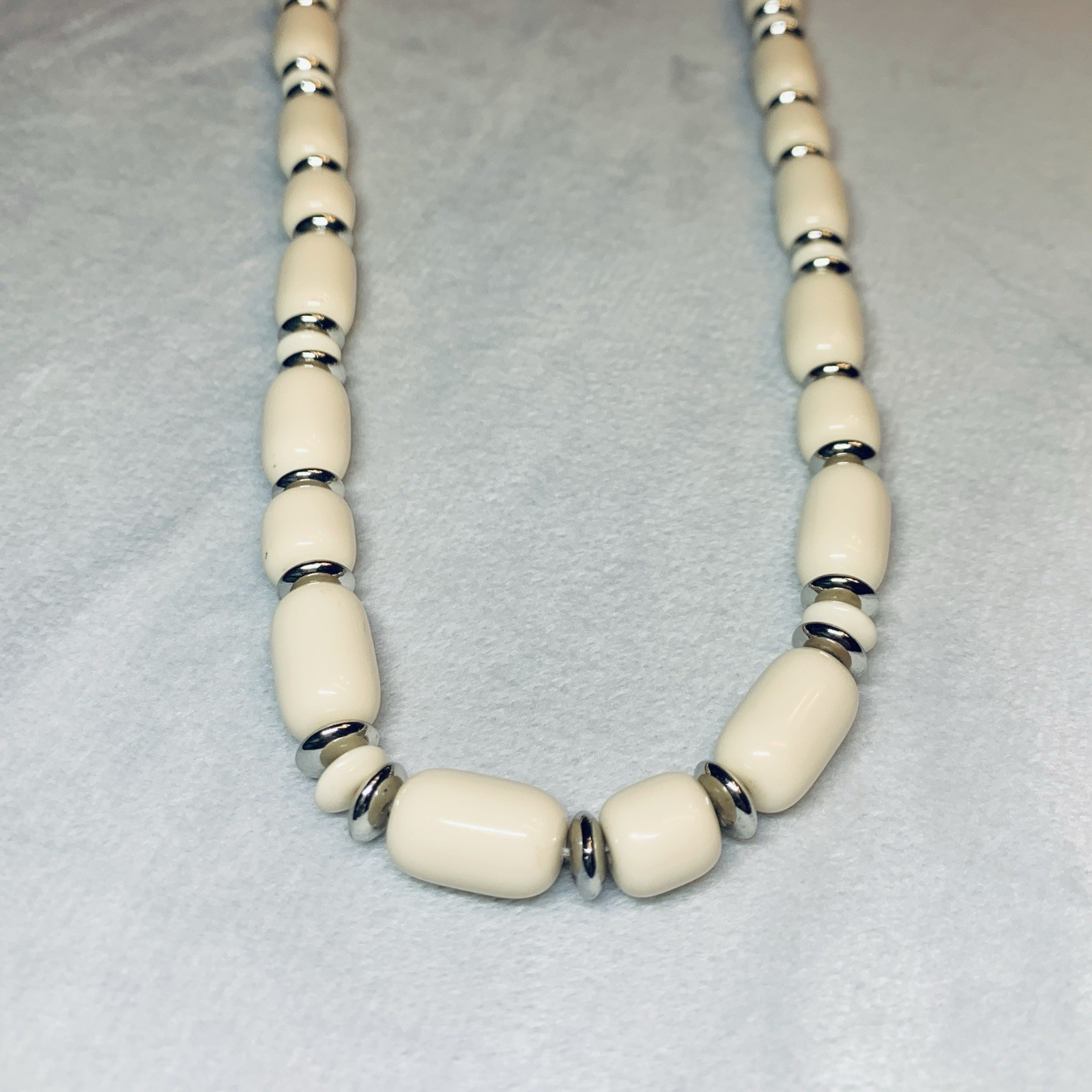 Vintage Cream & Silver Bead Necklace 32”