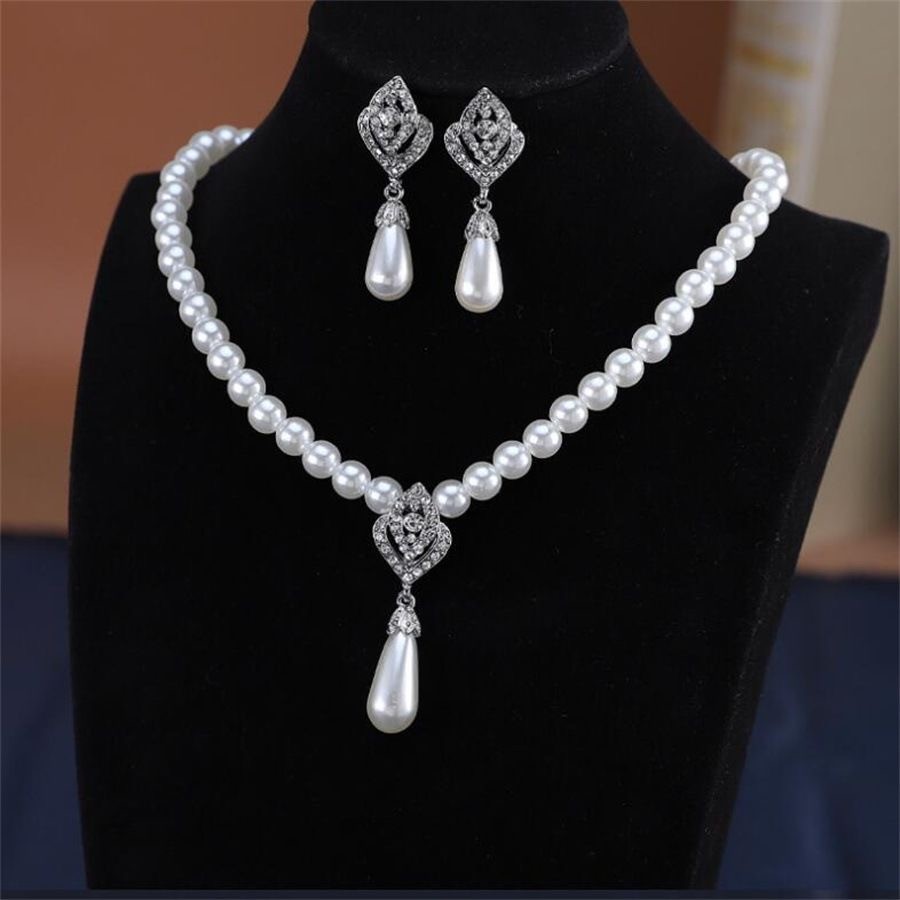 Silver Alloy Jewelry Set Imitation Pearl Drop Necklace Evening Party Accessory