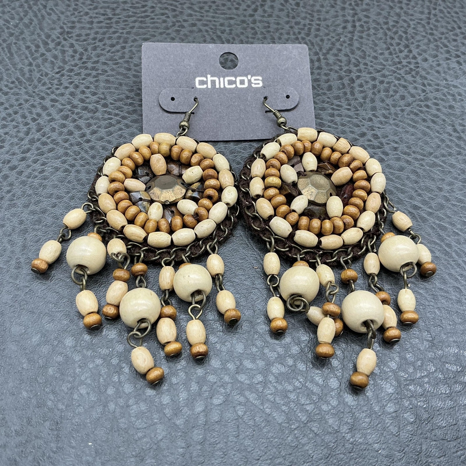 Chicos Earrings Brown Beaded Wood Chandelier Womens French Wire Boho Jewelry