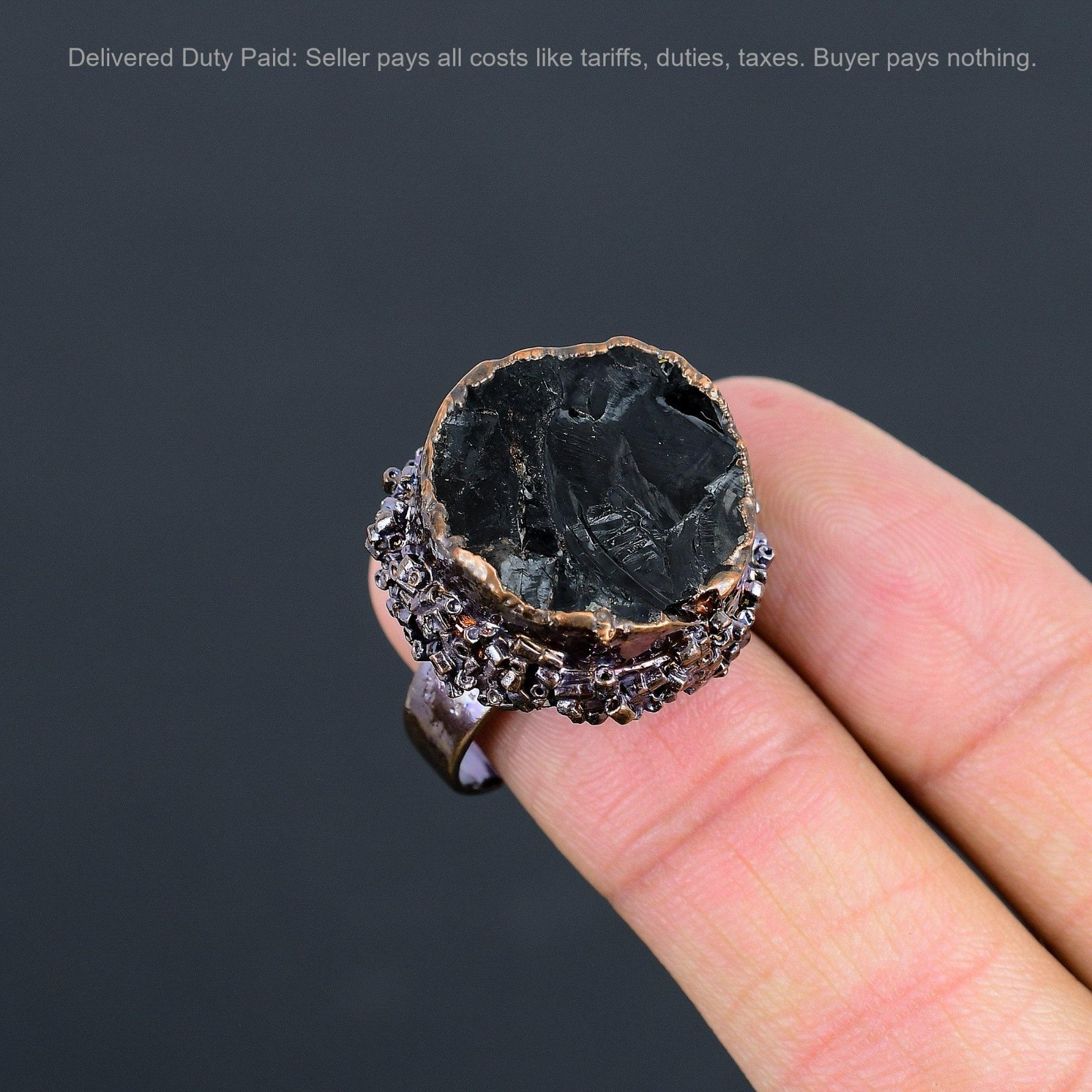Copper Black Tourmaline Rough Stone Solitaire Electroformed Artisan Ring Jewelry