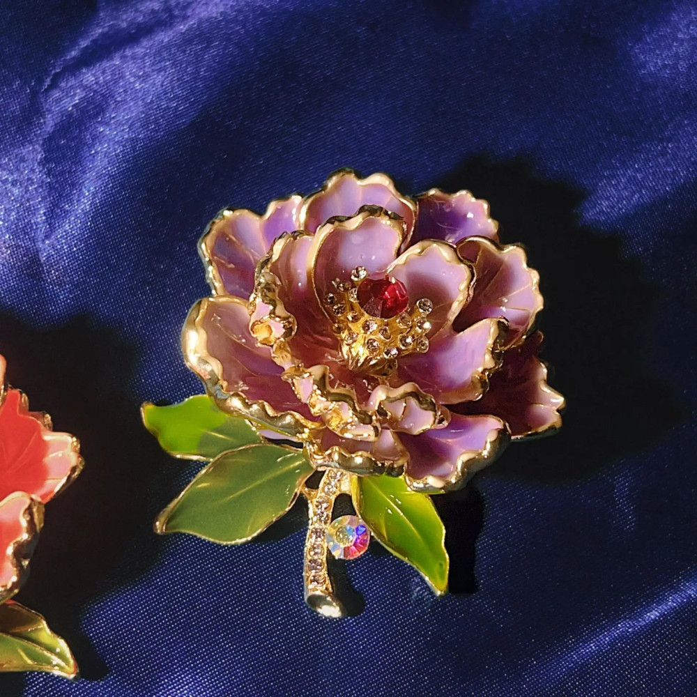 Gold Purple Peony Crystal Flower Brooch Enamel Rhinestone Pin Summer Gift Jewelr