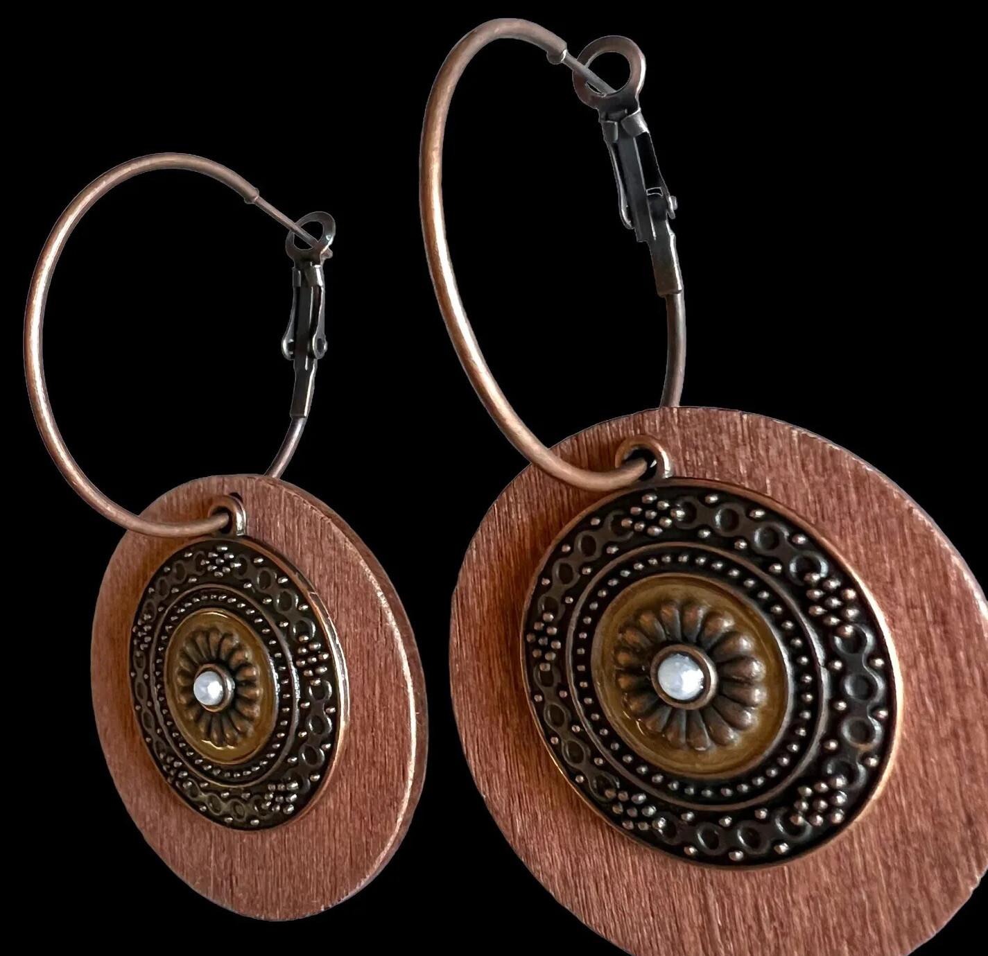 Round Wood Bronze Alloy Double Pendant Set With Pearl Embellished Earrings New