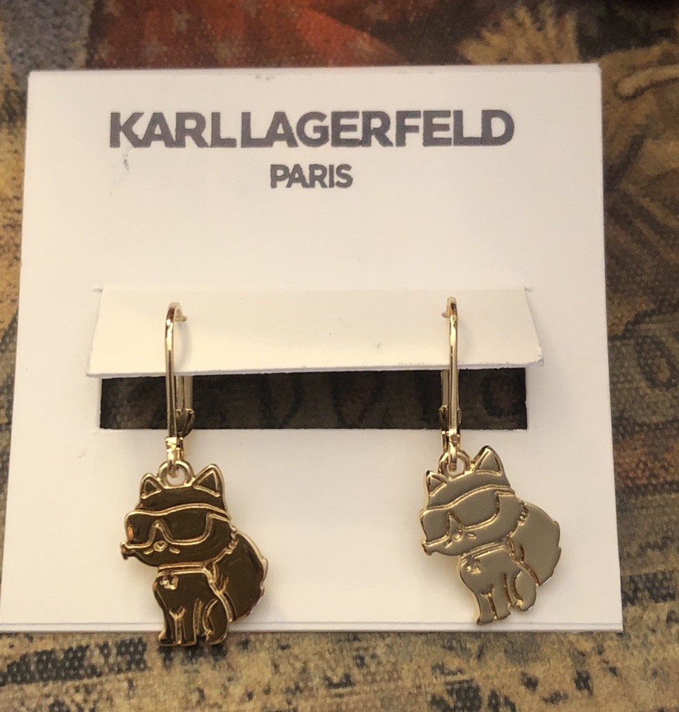 Karl Lagerfeld Polished Gold Tone Choupette Wearing Sunglasses Drop Earrings NWT