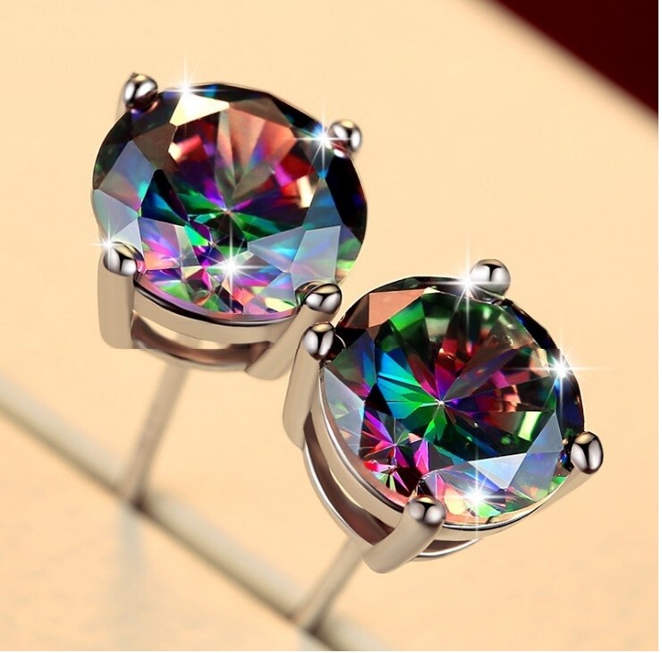6mm Silver Square Round Mystic Fire Rainbow Topaz Princess CZ Stud Earrings PE22