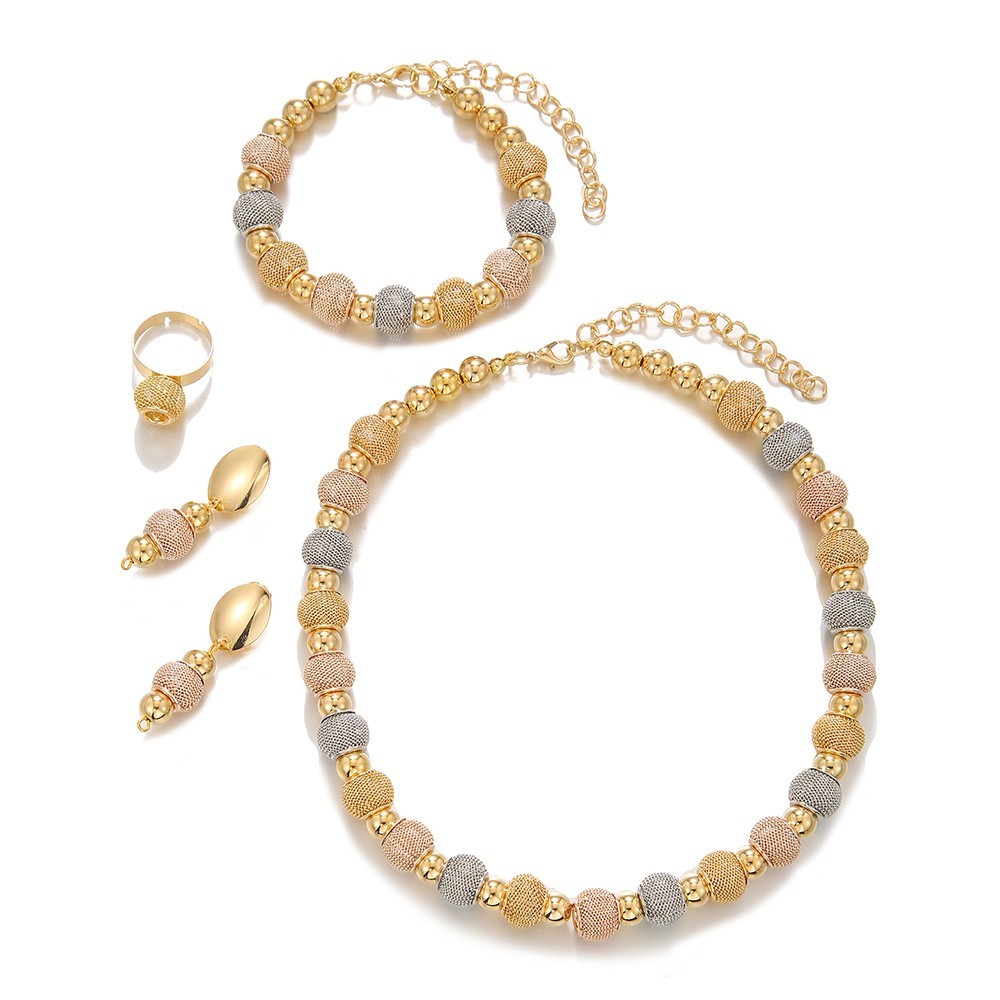 Gold Tone Mesh Ball Jewelry Set – Necklace, Bracelet, Earrings & Ring Set womens