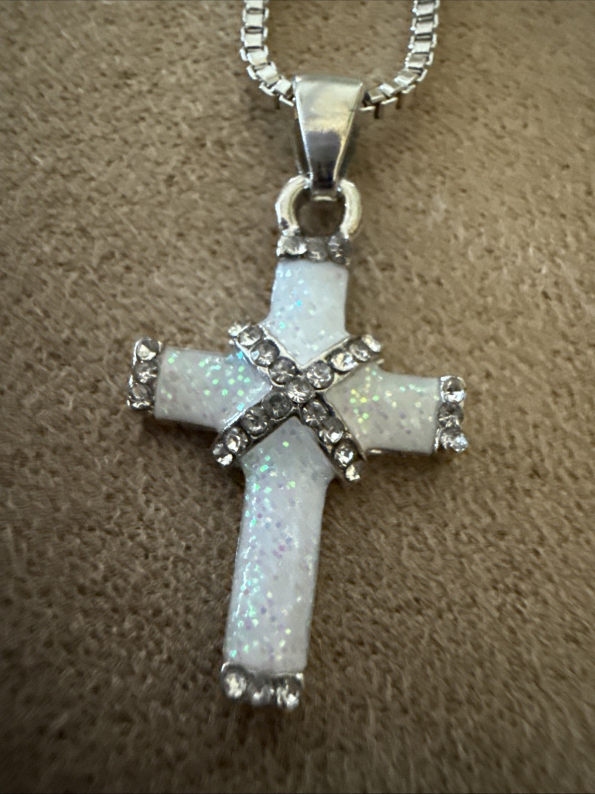 Silvery White Synthetic Opal Mosaic Cross Pendant Necklace