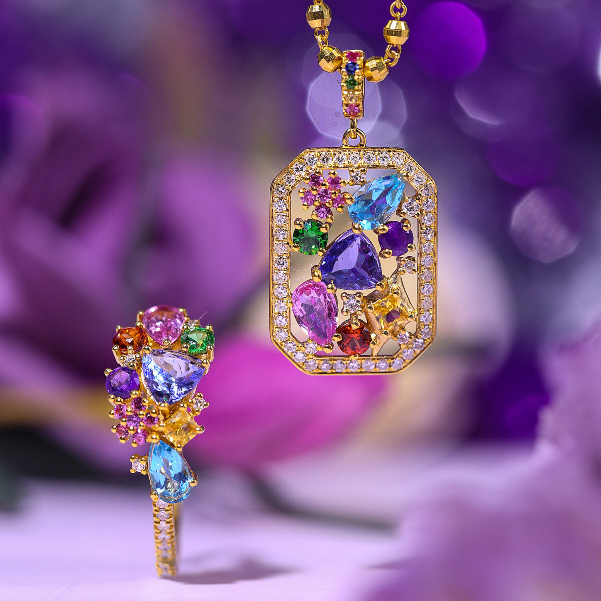 New Women Girls Jewelry Set Mix Color Amethyst Topaz Gems Necklace Rings Gold