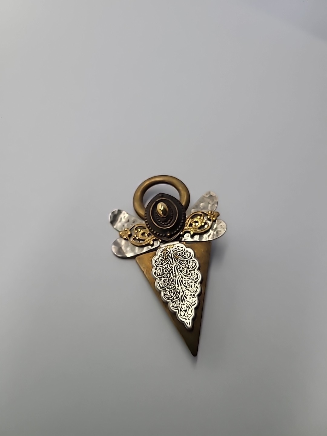 Vintage Treska Angel Brooch Pin Mixed Metal Halo Geometric Religious Signed