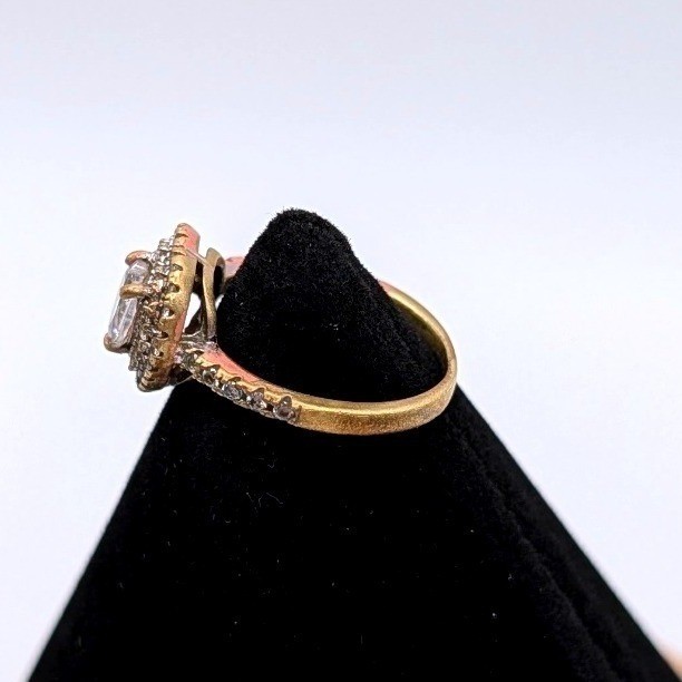 S925 Sterling Silver Gold Tone Heart Halo Ring Clear Stone Pavé Band Size 7