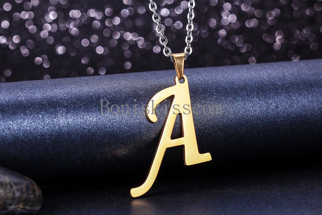 A-Z Initial Letter Alphabet Pendant Charm Necklace Gold Tone Stainless Steel