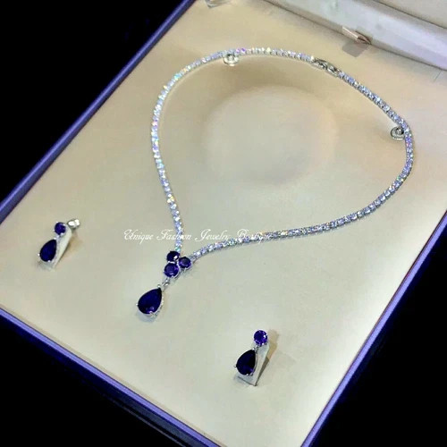 18k White Gold Filled Purple Amethyst Tennis Necklace Earrings Set Elegant Gift