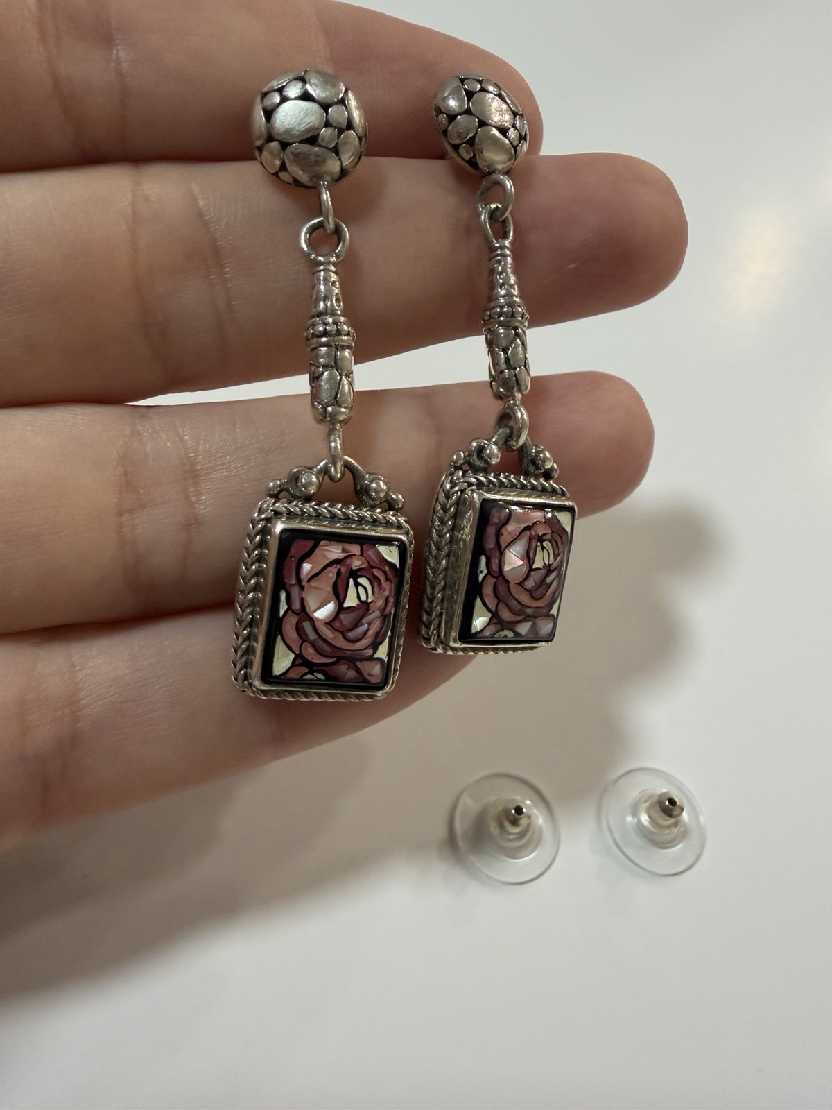 SARDA 925 Sterling Silver Pink Mother of Pearl Mosaic Rose Dangle Earrings