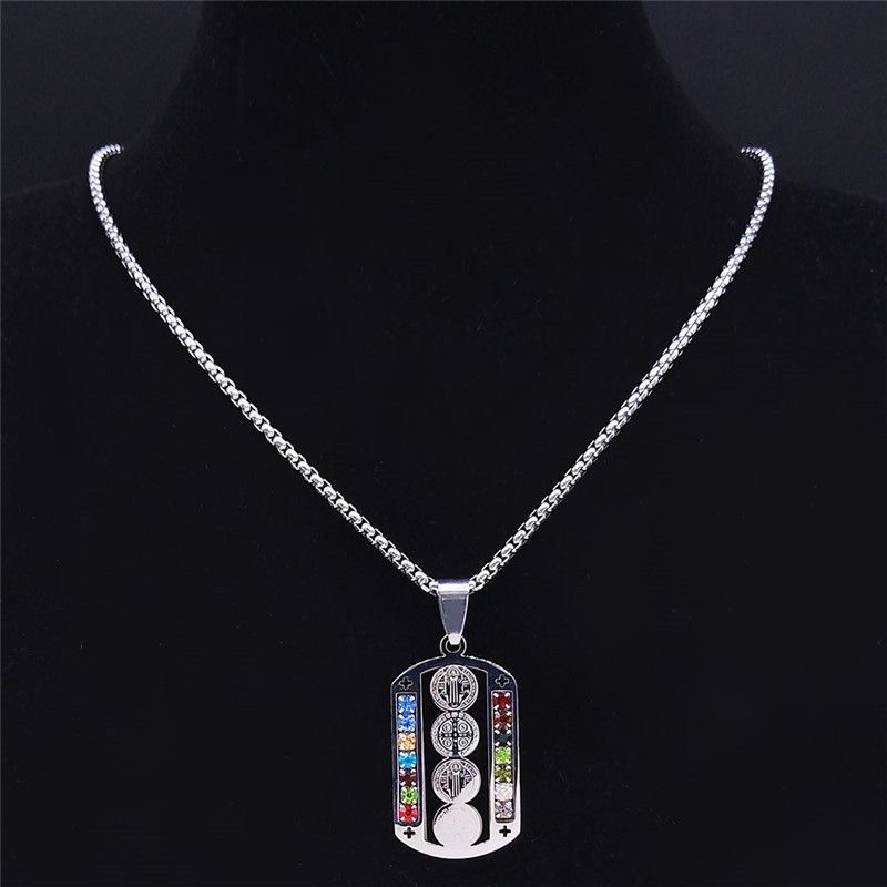 Stainless St. Benedict Medal Pendant Colorful Zirconia Religious Unisex Necklace