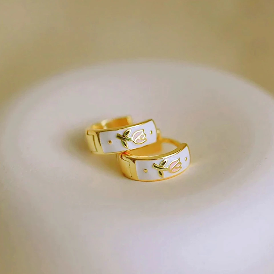 Metal Enamel Hoop Earrings Women Tulip Floral Tea Cup Spring Summer Jewelry