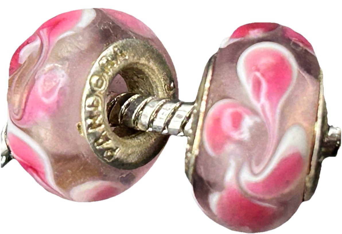 2 Pandora 925 Silver Pink Floral Petals Murano Glass Bead Charms Clear, White