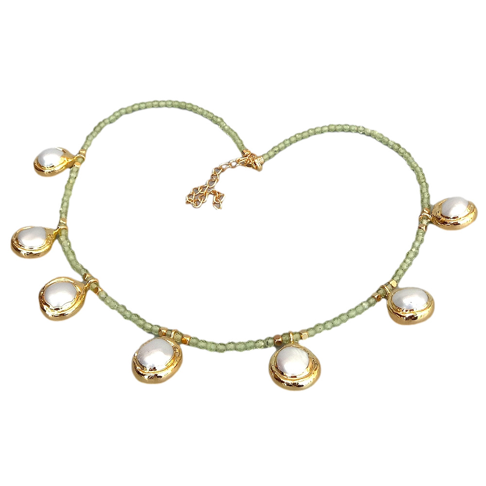 Natural Green Peridot Choker Necklace Cultured White Pearl Charm 17″