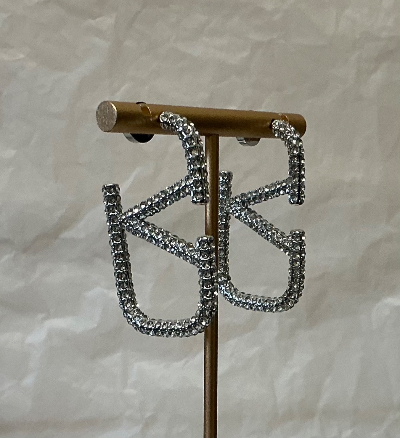 Valentino Crystal VLogo Silver Tone Statement Earrings # 582