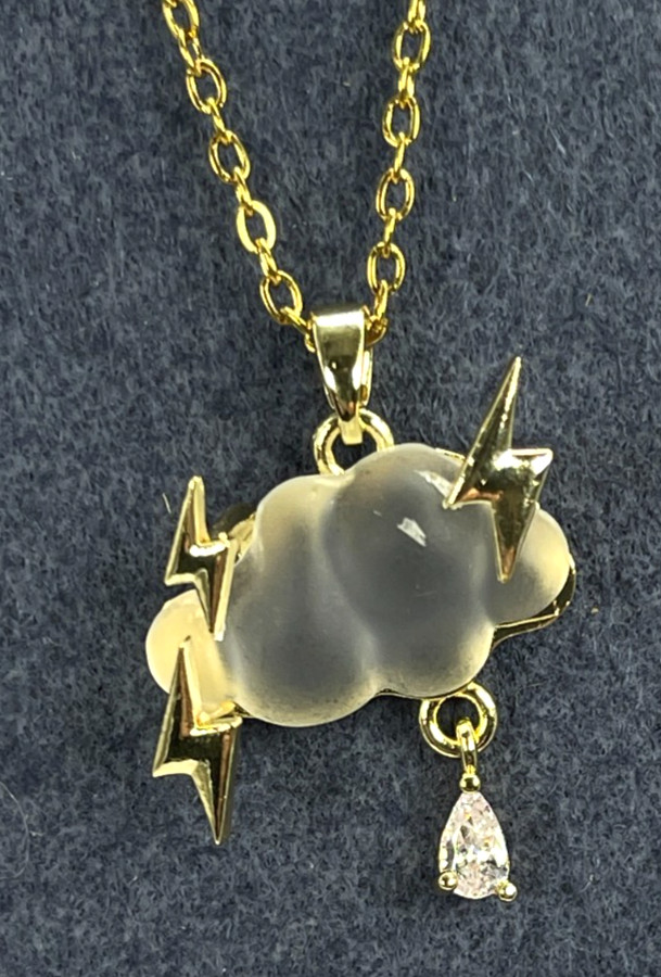 Necklace Iridescent White Cloud w/Gold Tone Lightning Bolts & Zirconia Rain Drop