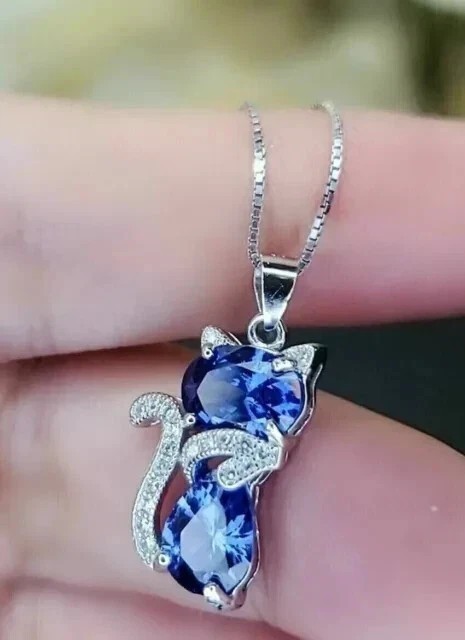 2Ct Oval Cut Simulated Blue Tanzanite Women Cat Pendant In 14k White Gold Plated