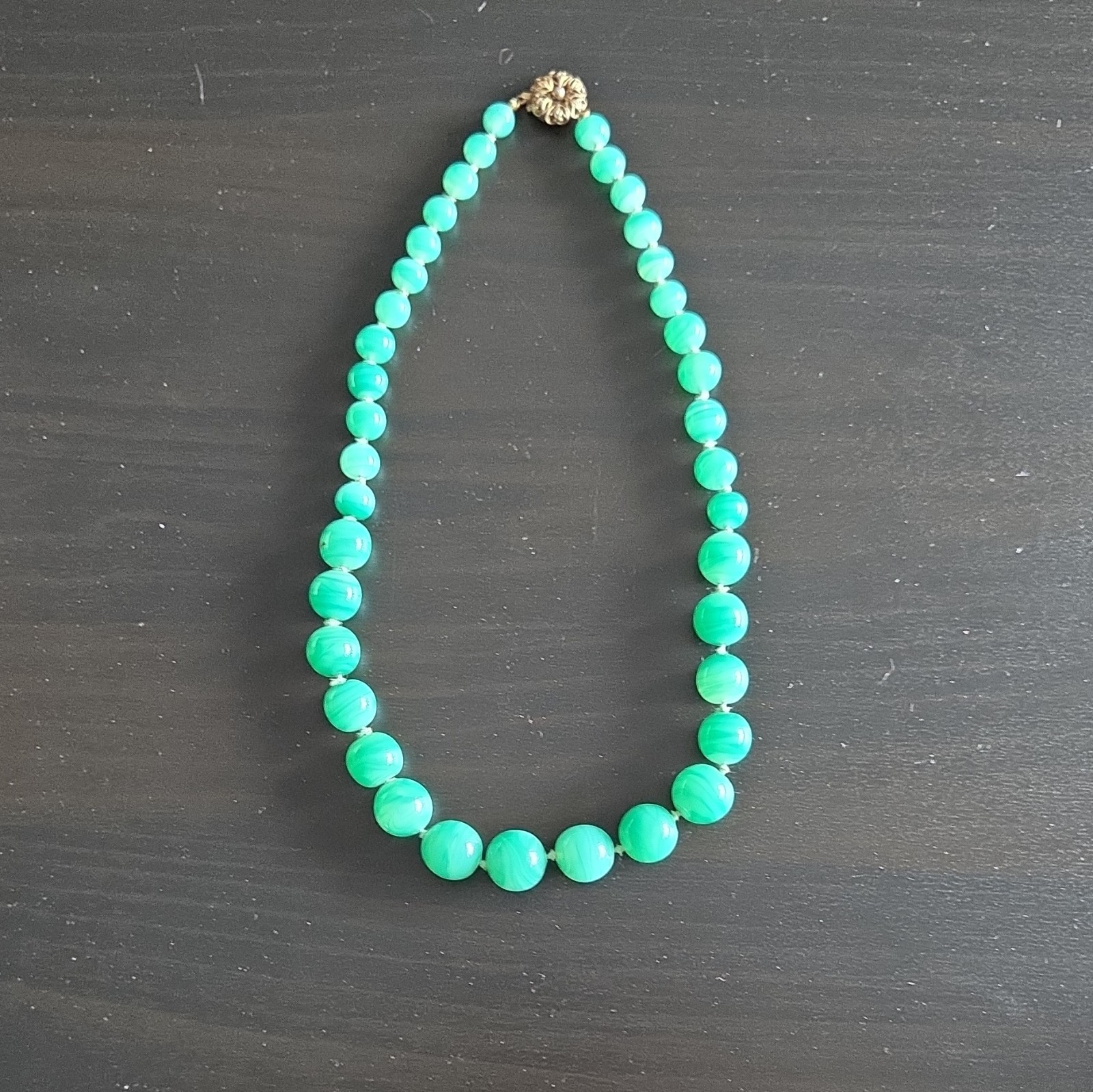 Vintage Bergere Green Round Beaded Necklace, Signed, Box Clasp, 17 in