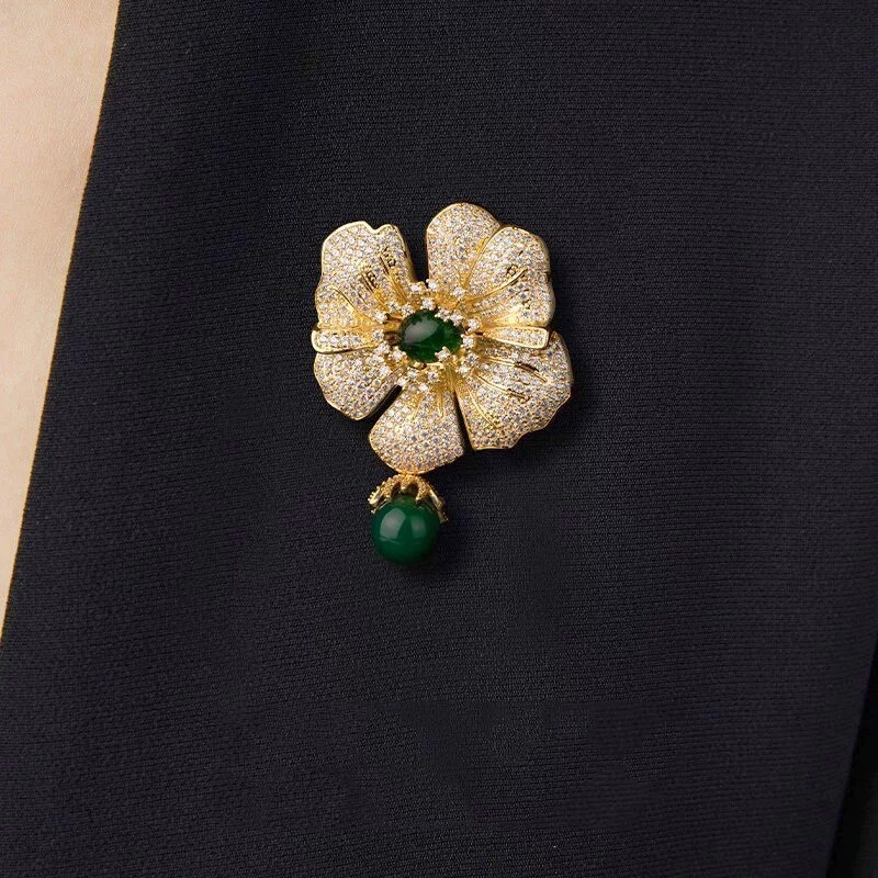 Green Imitation Jade Flower Brooch Pin Women Rhinestone Crystal Floral Gift
