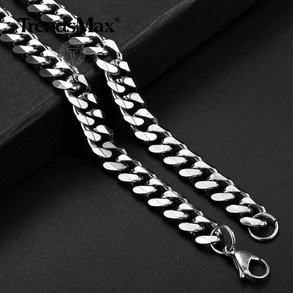 Trendsmax 9MM 16” Mens Chain Silver Stainless Steel Curb Cuban Necklace Choker