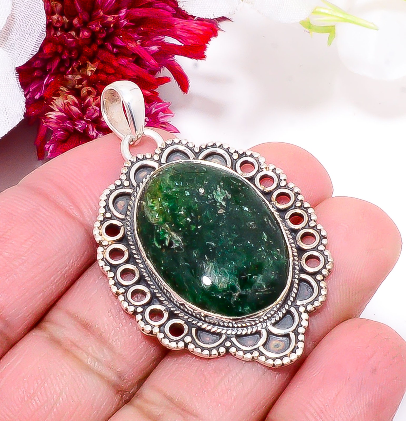 Green Aventurine – India Gemstone 925 Sterling Silver Bali Pendant 1.68″ Sku52