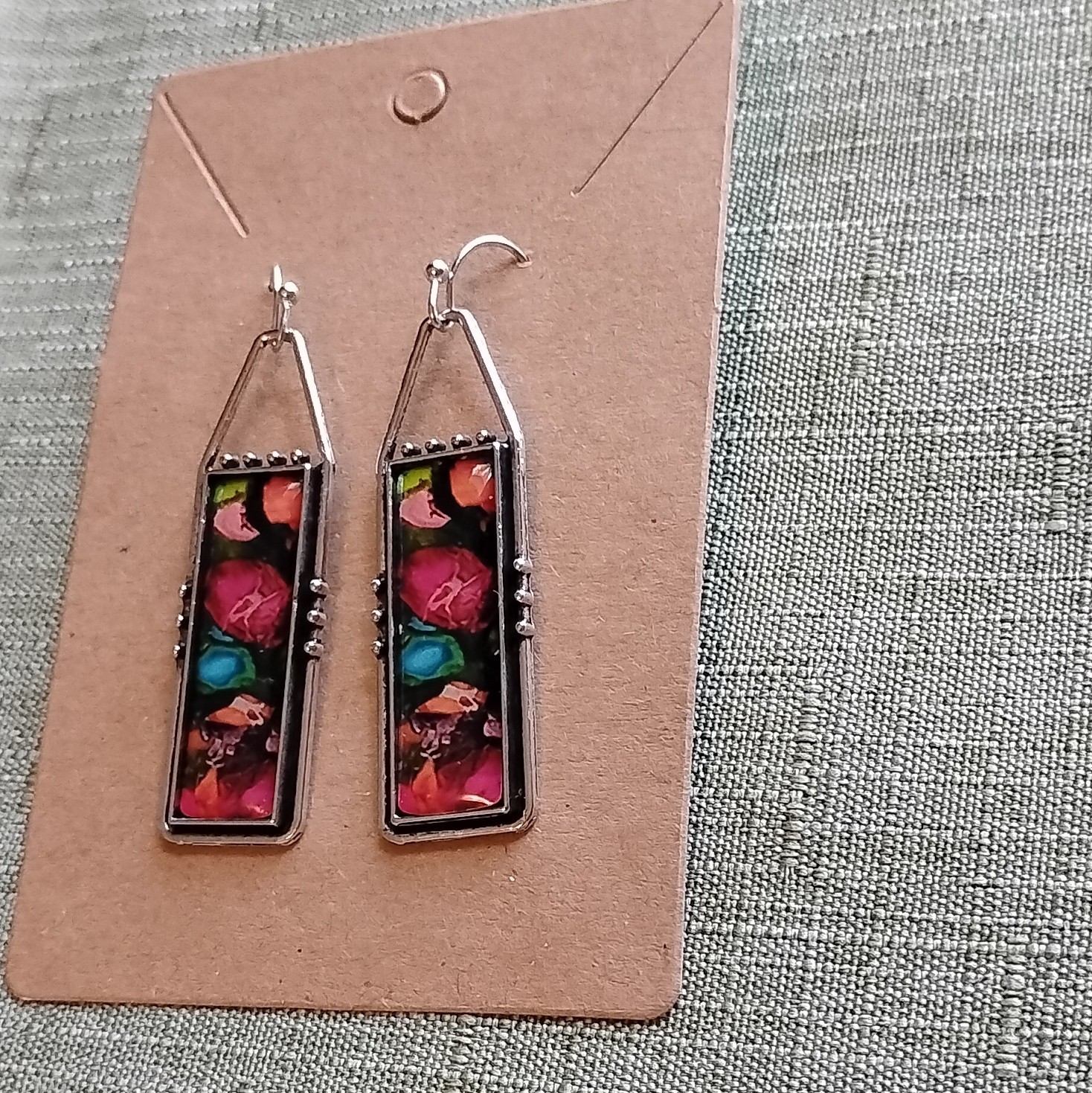 Silver Tone Multicolor Rectangle Metal Dangle/Drop Hook Earrings for Lobe. 6013.