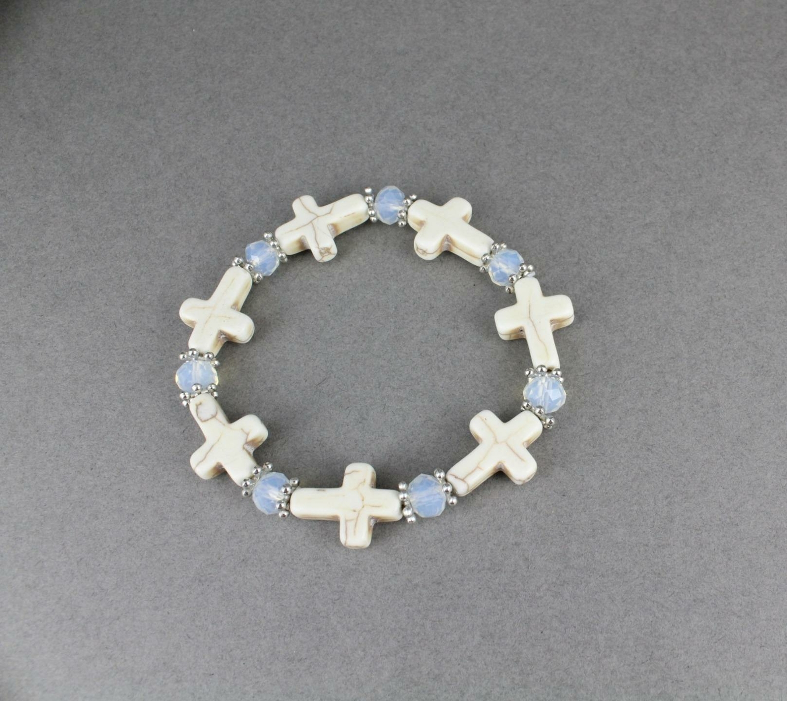 cross bracelet stretch Cream Silver stretchy beaded bracelet