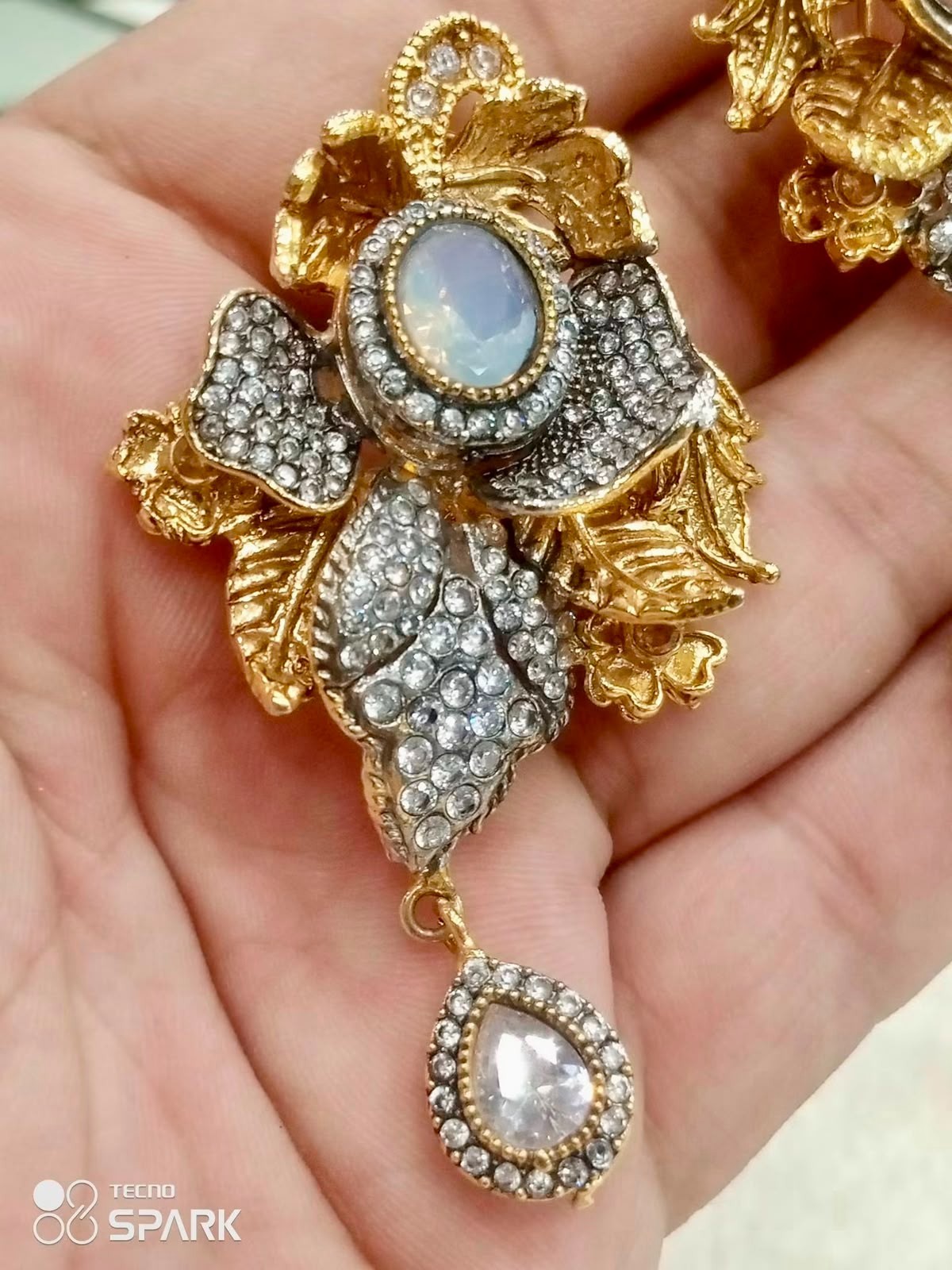 Pakistani Gold Plated Crystal Bridal Earring Flower Dangle Wedding Jewelry