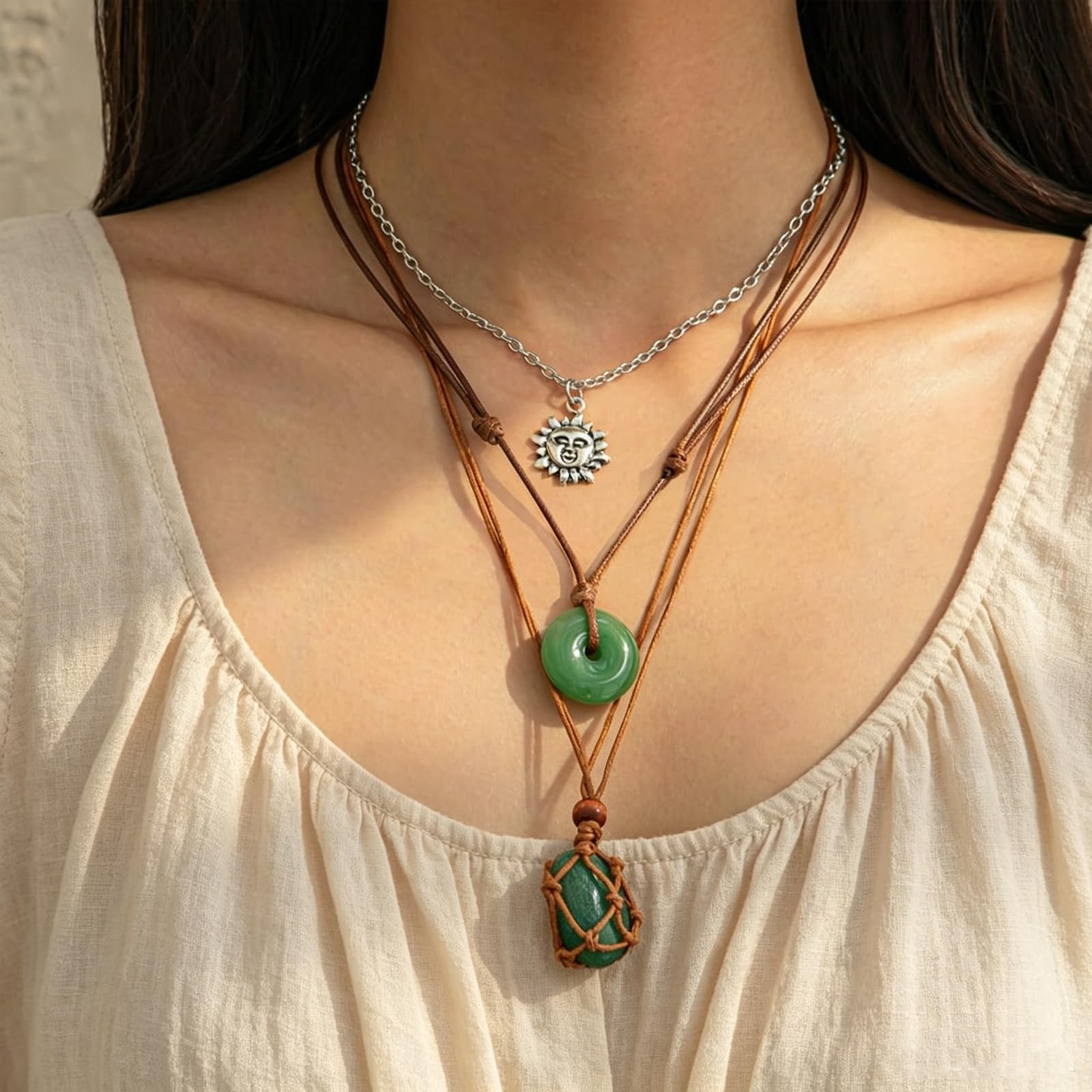 FUTIMELY Layered Green Stone Pendant Necklace Set,Bohemia Brown Small,