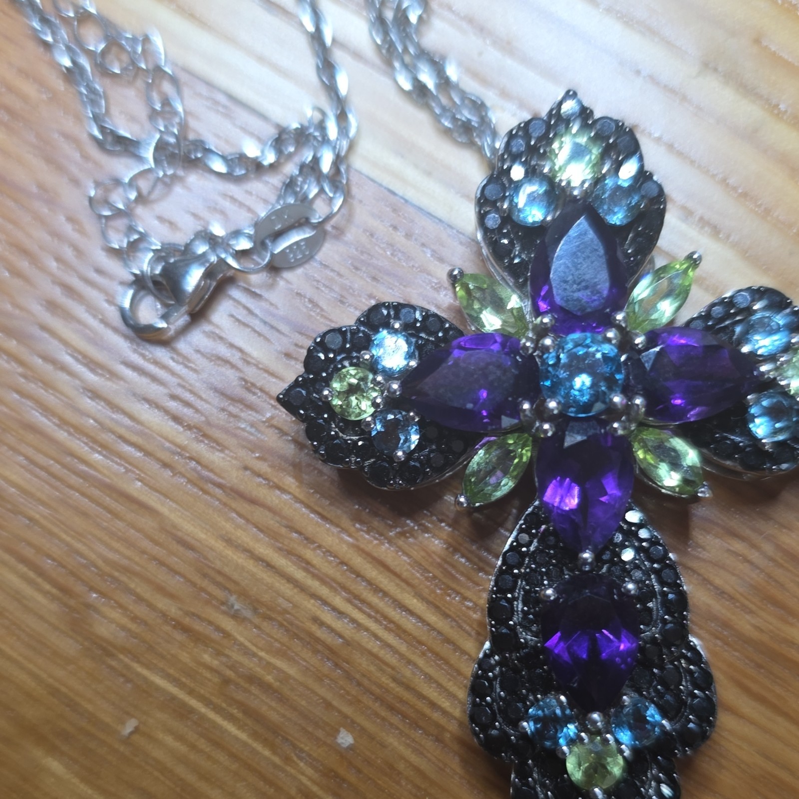 925 Sterling Silver Rope Chain Cross Pendant Necklace w/ Amethyst Peridot Black