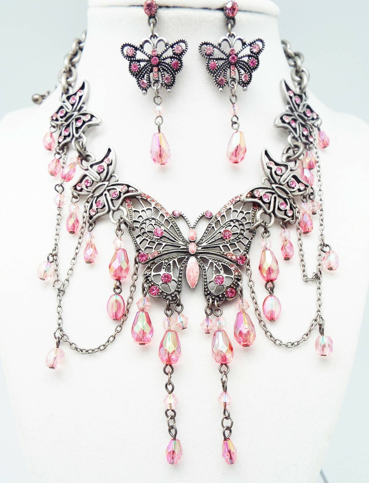 DESIGNER INSPIRED 17 in PINK A/B MULTI CRYSTAL ENAMEL BUTTERFLY JEWELERY SET NEW
