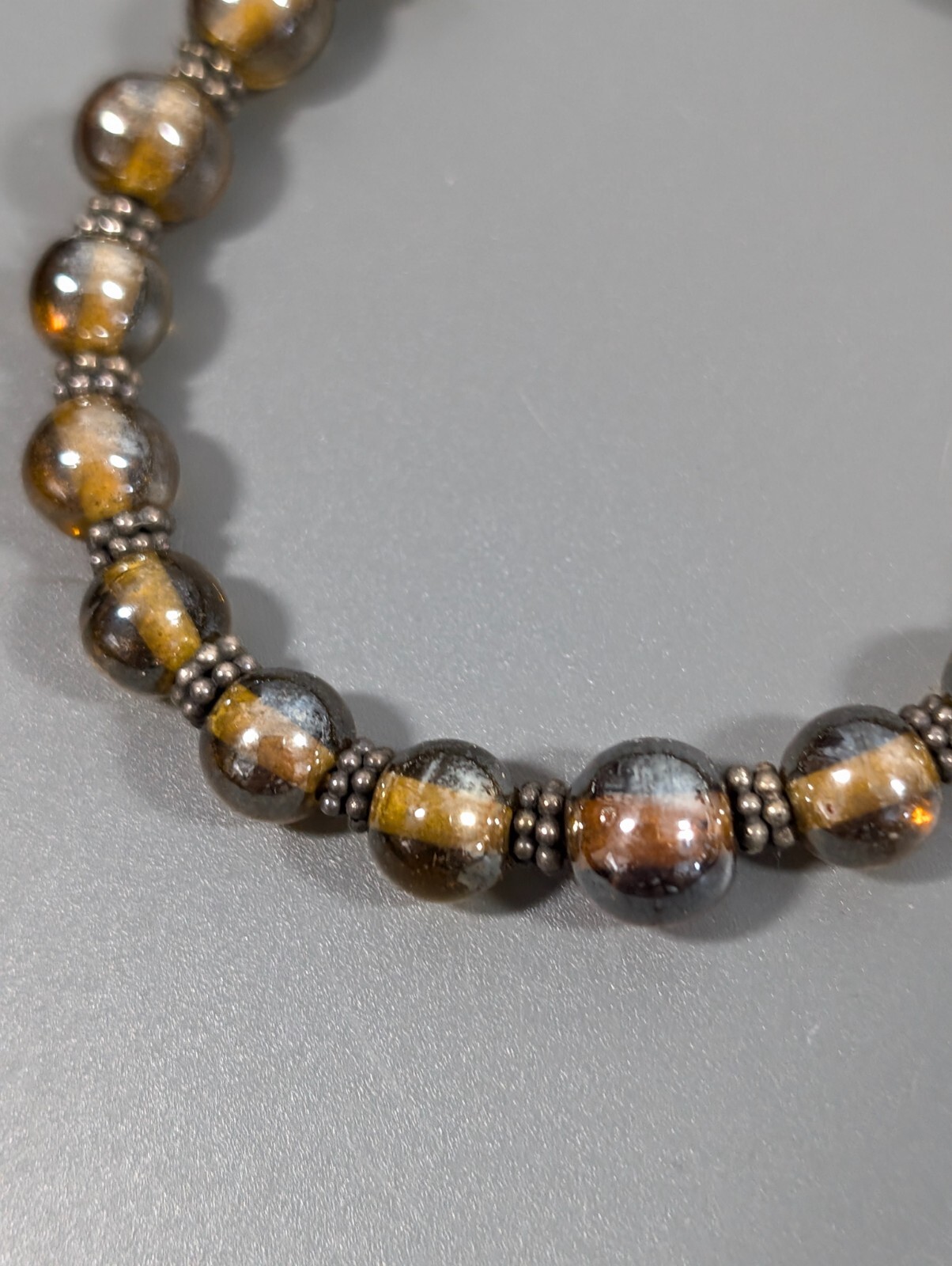 Boho Western Brown Iridescent Glass Round Bead Bracelet Sterling Clasp 6.5 in