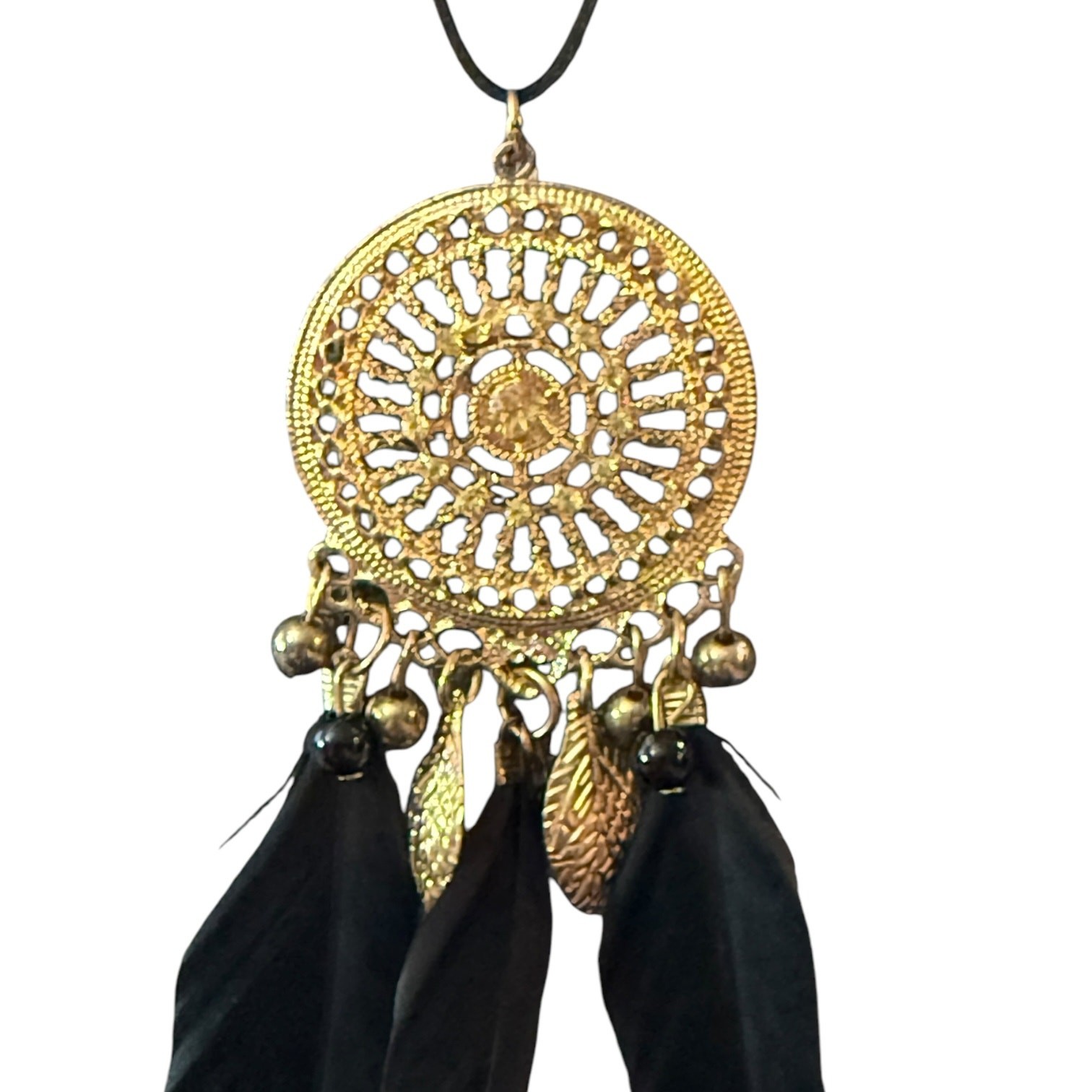 Black Feather Yellow Crystal Boho Gold Dreamcatcher Necklace