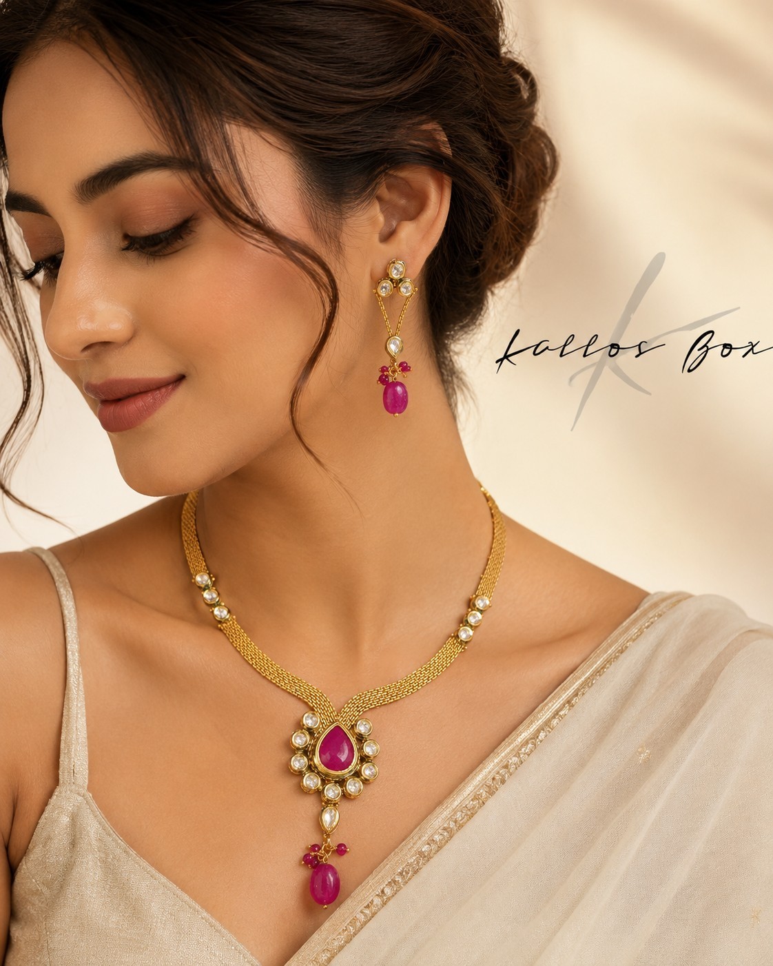 Pink Kundan Necklace With Earrings For Wedding Or Any Other Festive Occasion