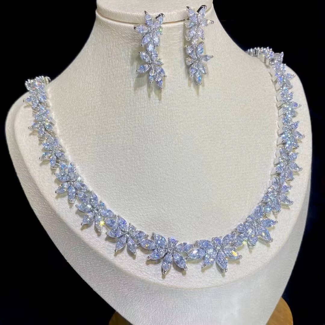 Luxury Elegant Jewelry Sets Bridal Long Necklace Earrings Zirkonia Wedding