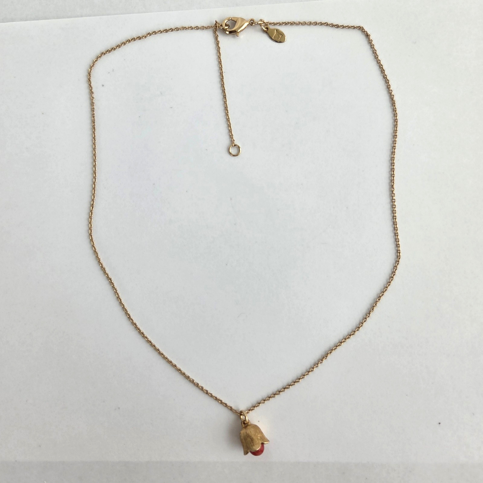 Natural Red Bead Pendant Necklace Gold Color Tulip Scallop Petals Marked