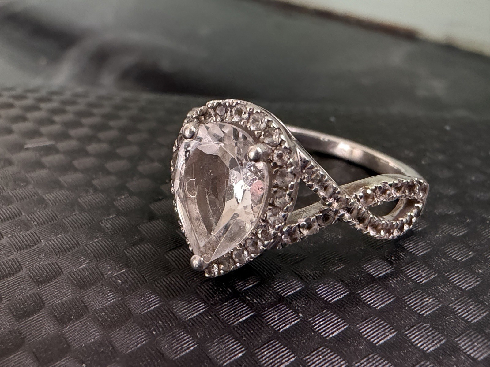Zales Silver Pear White/Colorless White Topaz Halo Cocktail Ring, Size 7.5