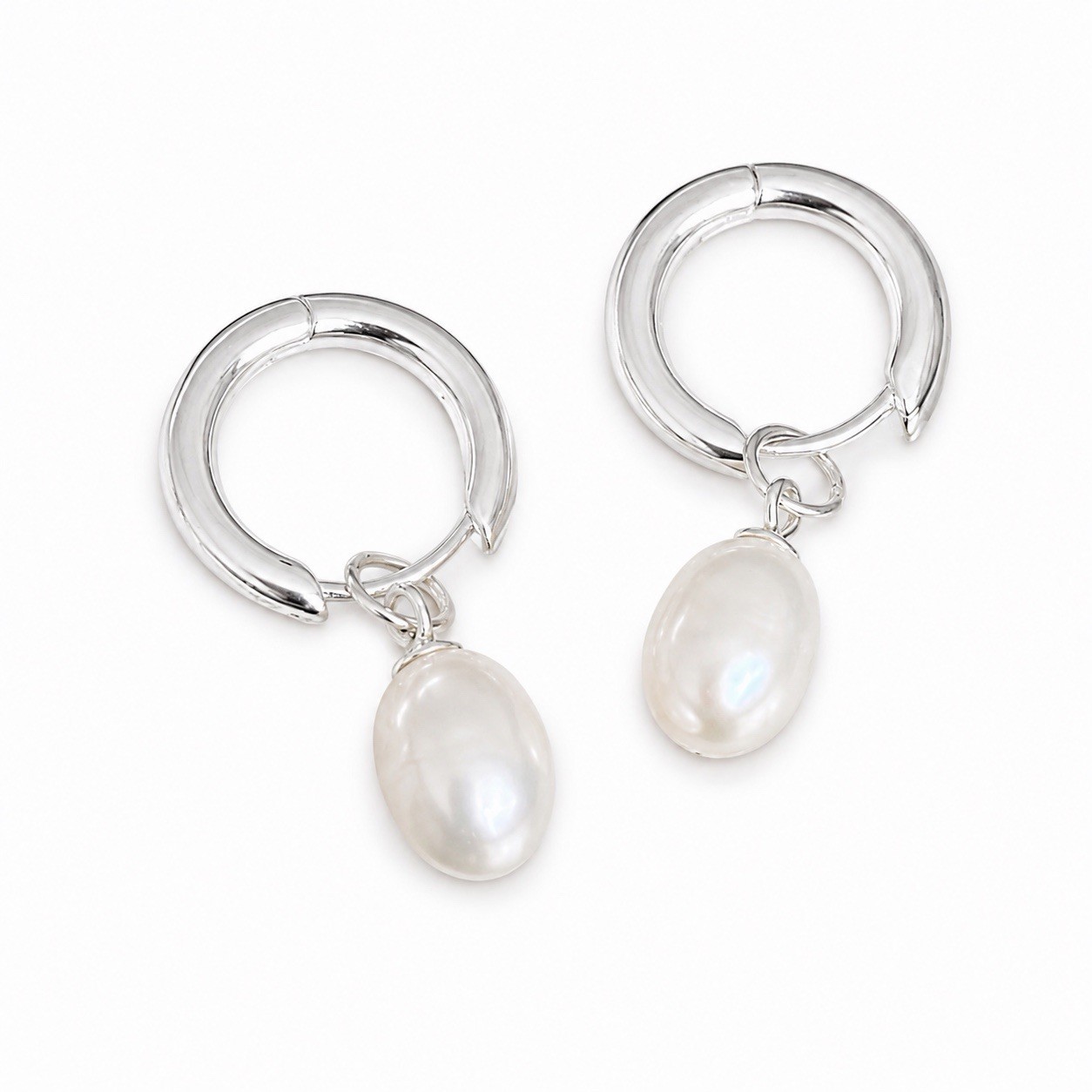 925 Silver Pearl Drop Hoop Earrings Minimalist Dangle Huggie Earrings 234