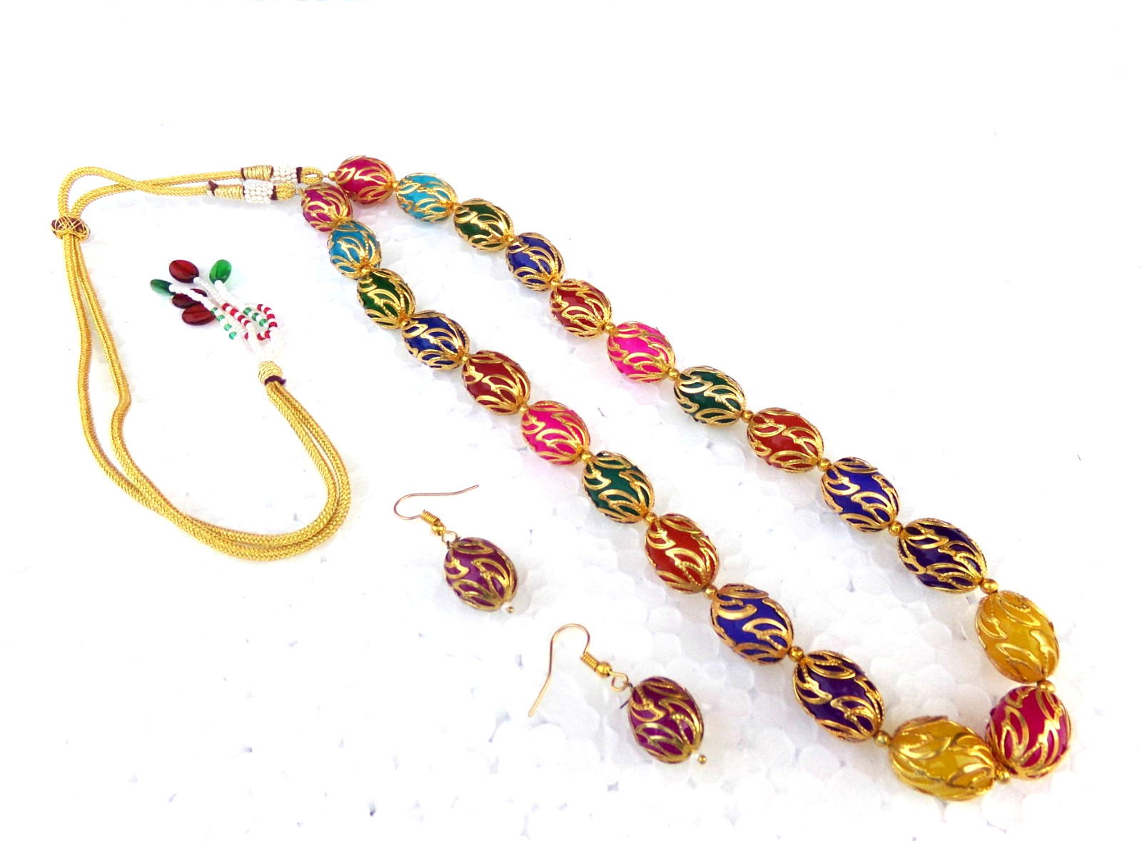 Indian Bollywood Gold Plated Filigree Glass Beaded Ethnic Necklace Earrings Set