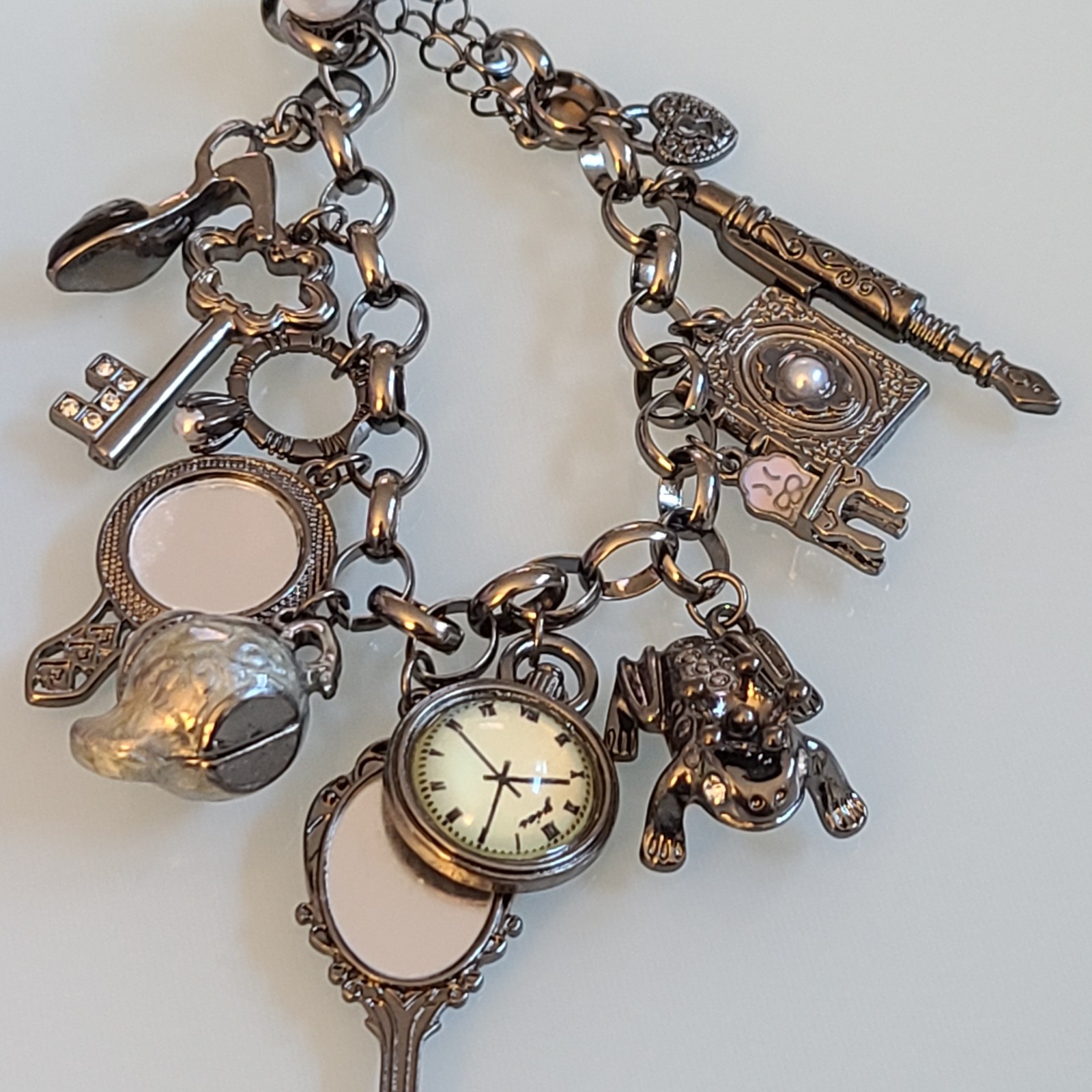 10″ Whimsical Fairytale Charm Bracelet Gunmetal Tone Teapot Frog Mirror Shoe Key